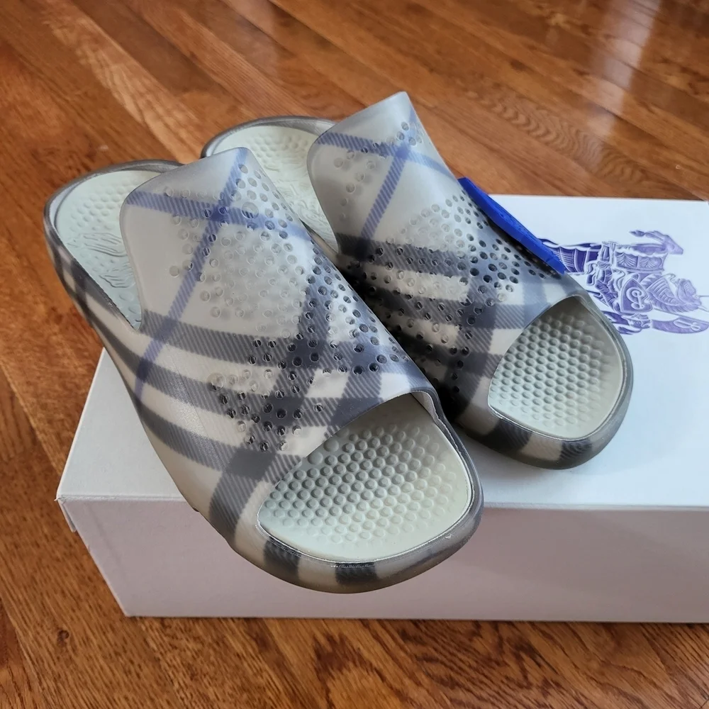 Burberry Gray Plaid Slide Sandals